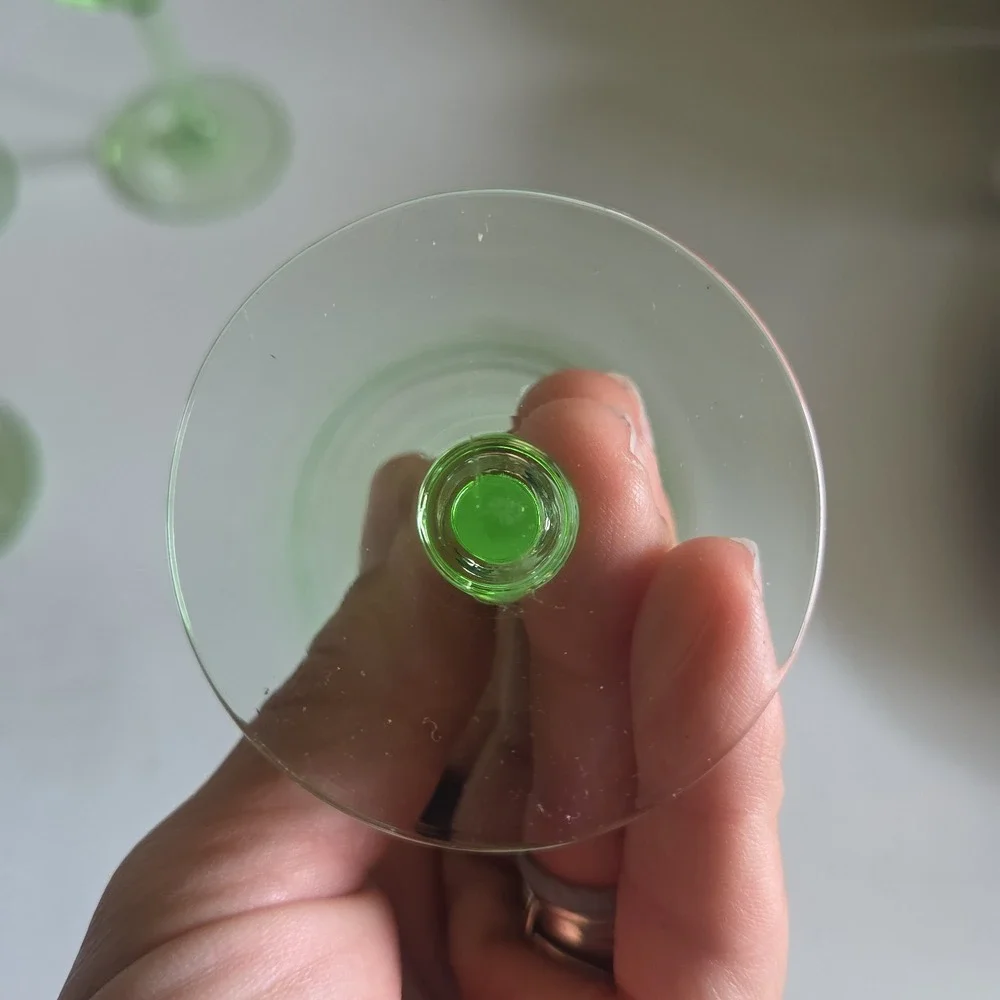 Vintage Uranium Small Stem Glass Green Hue Collectible Glassware Set Of 4